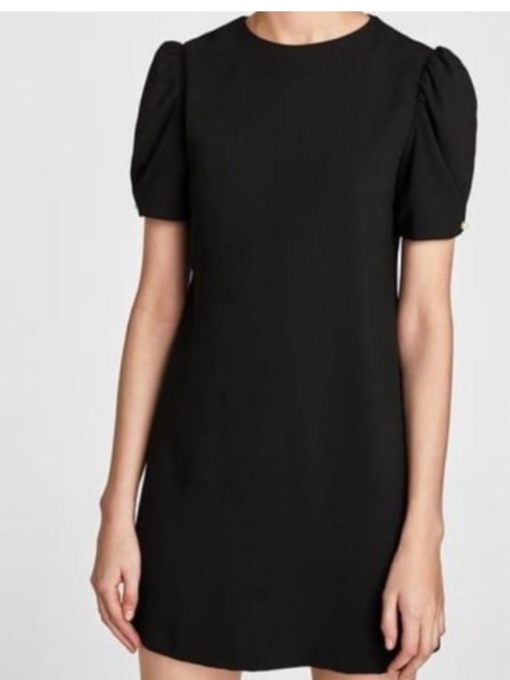 Zara Black Crewneck Shift Dress with Back Zip and pearl